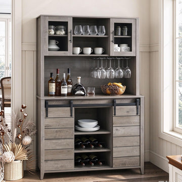 70" Tall Kitchen Pantry Cabinet, Coffee Bar Cabinet with Glass Door, Gray