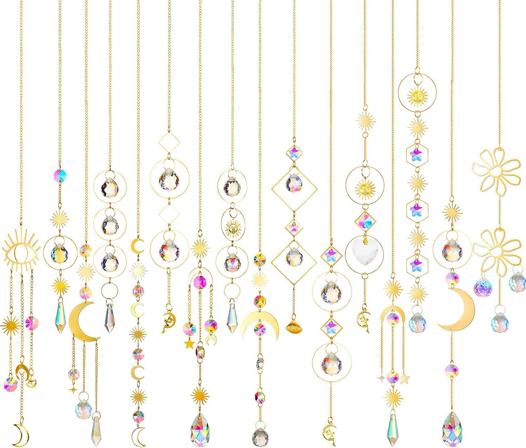 16 Pcs Crystals Suncatcher Colorful Hanging Sun Catcher for Window with Chain Pendant Ornament Prism for Garden