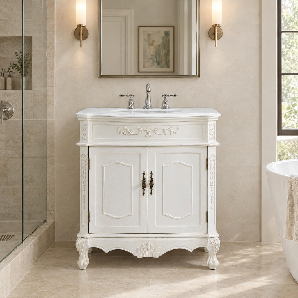 Fallon 32 Inch Pre-Assembled Bathroom Vanity with Single Sink and Engineered Marble Top, Solid Wood and MDF, Antique