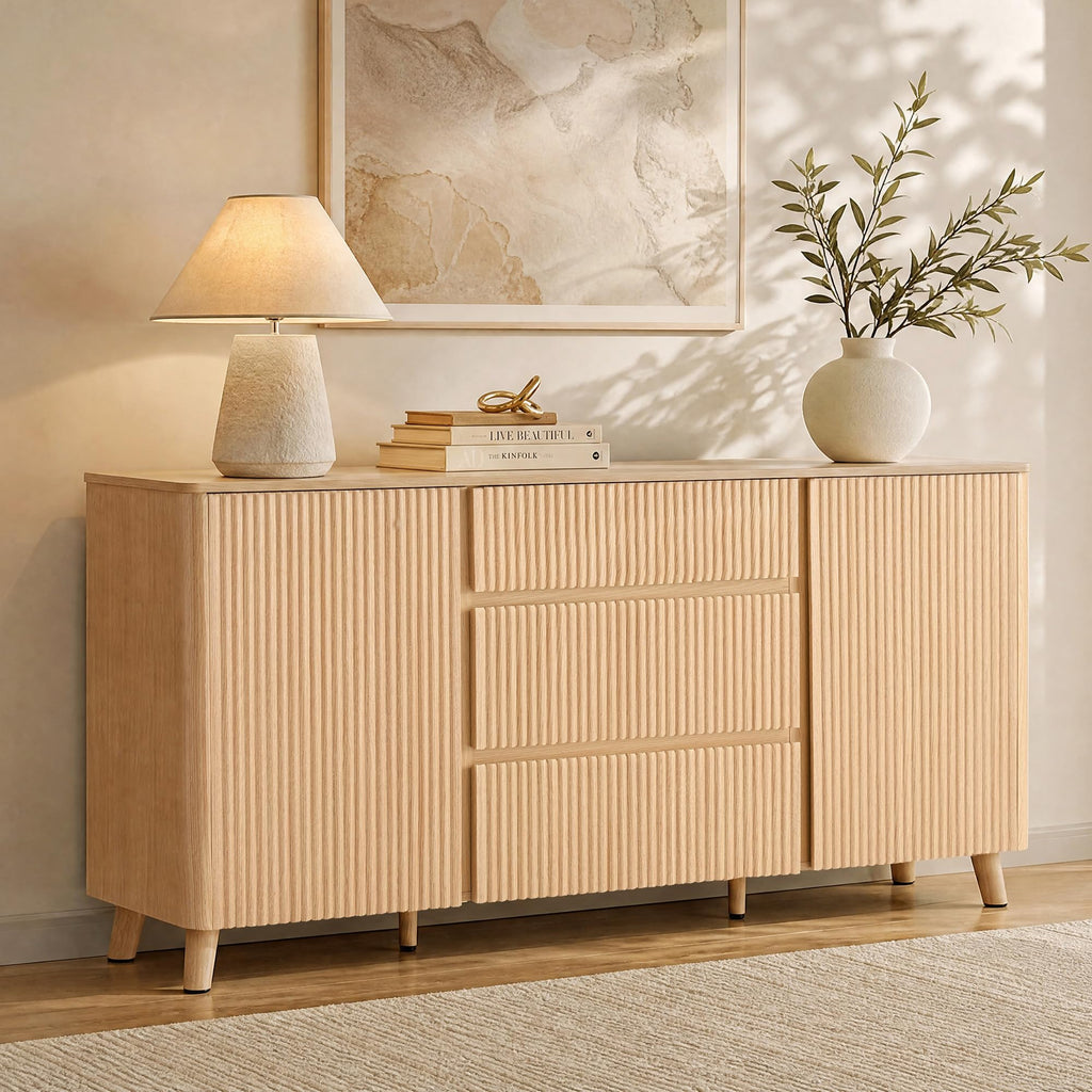 62" Fluted Sideboard Buffet Cabinet with 3 Drawers, Oak