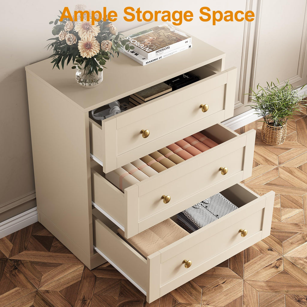 Small 3 Drawer, Beige, Wood Nightstand with Drawers, Modern Chest of Drawers for Closet, Living Room, Entryway