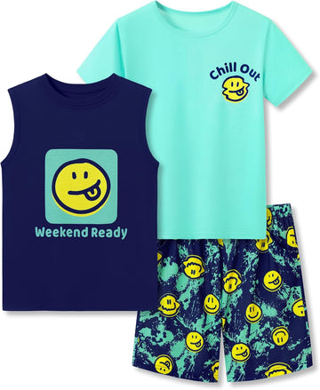 Boys Trendy Print Short Sleeve, Tank Top & Shorts Pajamas