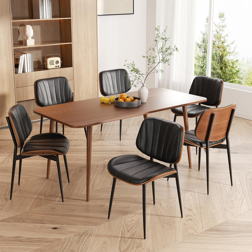 Mid Century Modern Dining Chairs Set of 8, Upholstered Faux Leather Kitchen Dining Room Living Room Chairs, Walnut