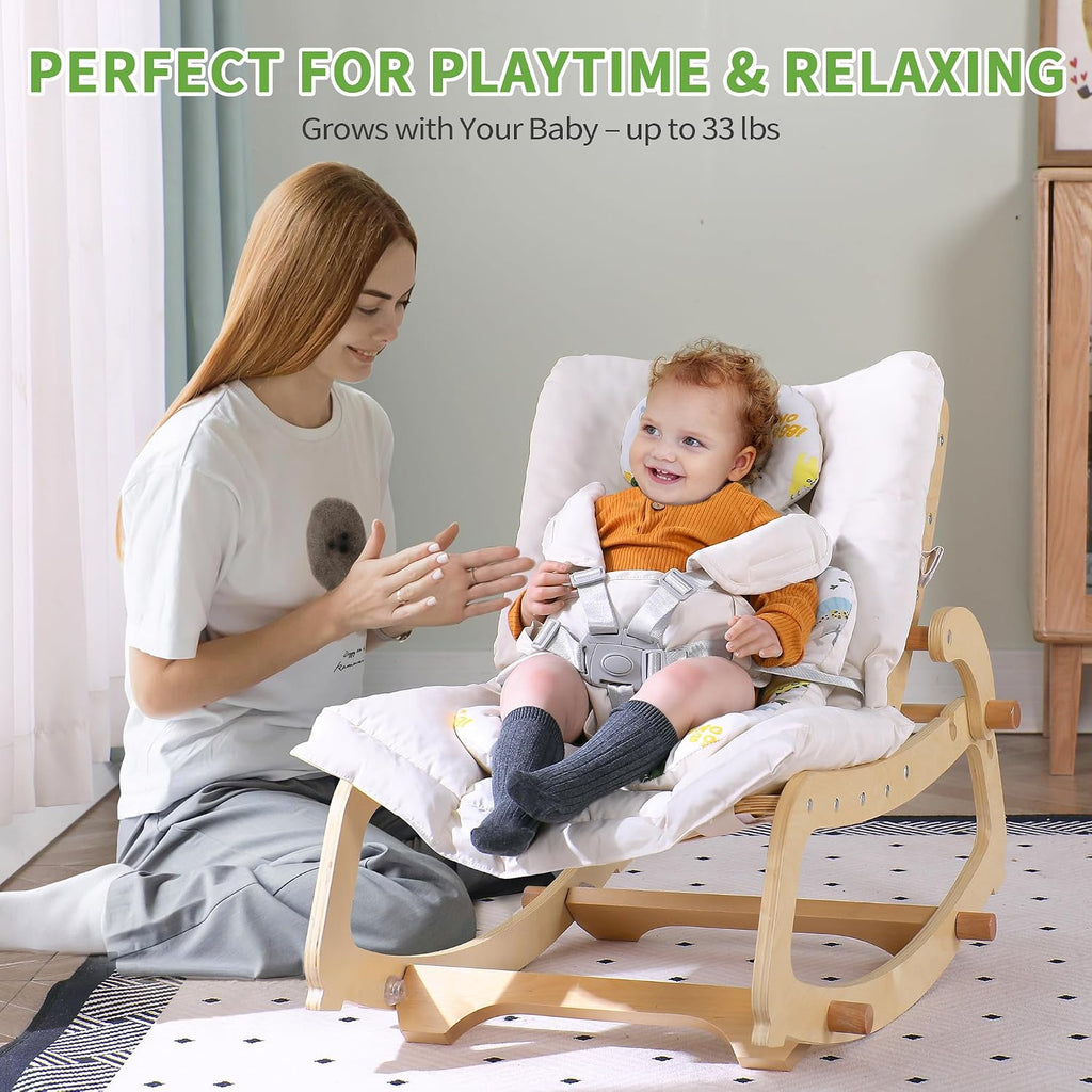 In-1 Baby Rocker Chair with Double Cushions, for 0-12 Months, Adjustable Wooden Infant Rocker with Removable