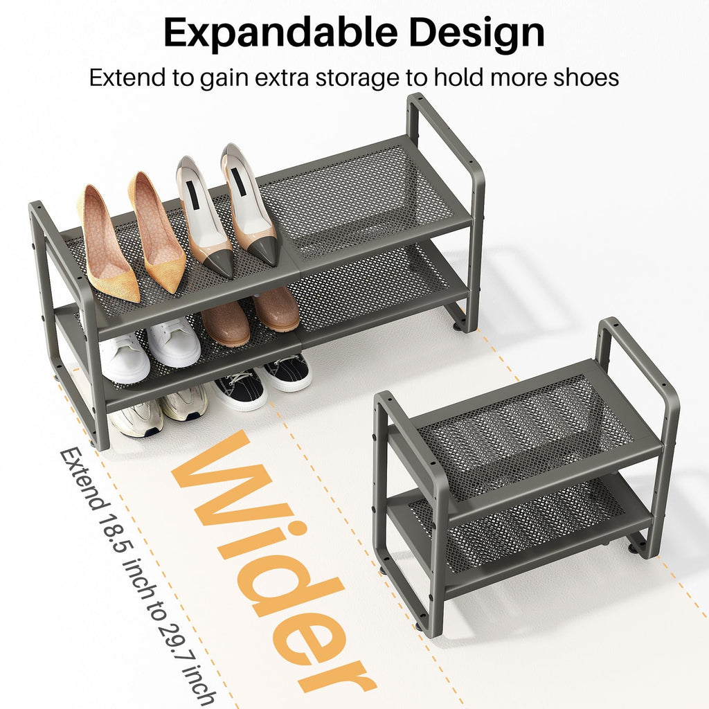 Expandable Metal Shoe Rack for Closet, Entryway & Garage, 2-Tier, Grey