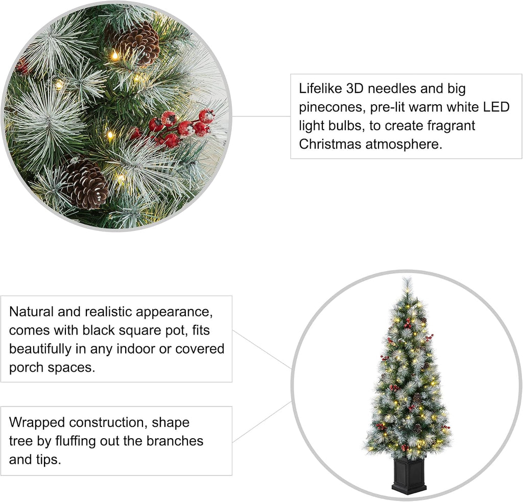 5ft Prelit Christmas Tree with 150 Warm White Lights,Potted Christmas Tree w/286 Pine Needle&PVC Branch Tips