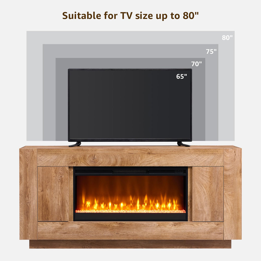 70" Fireplace TV Stand for 80" TV, Thick Block Media Console, Light Oak