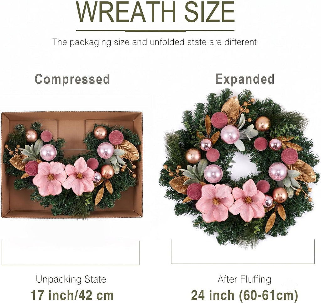 24" Magnolia Christmas Wreath for Front Door with Lights
