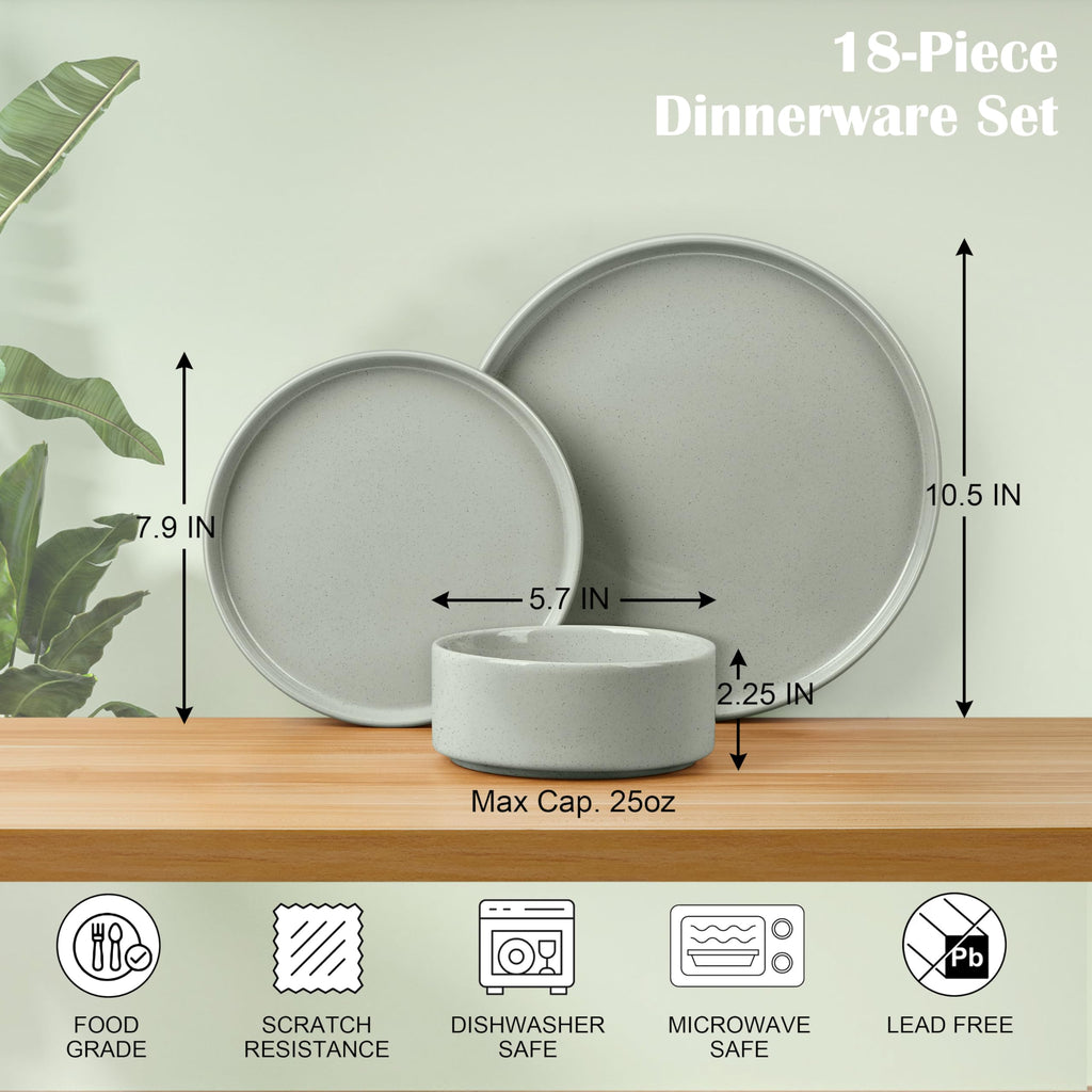 Dinnerware Sets for 6, 18-Piece Stoneware Plates and Bowls Set, Green