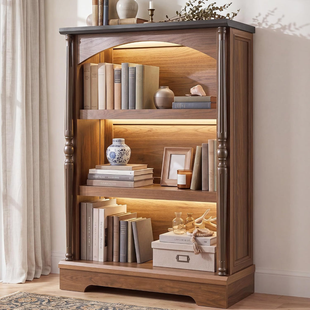 3-Tier Arched Bookcase with LED Lights Set of 2, Farmhouse Bookshelf with Solid Wood Classical Columns, Wooden Open