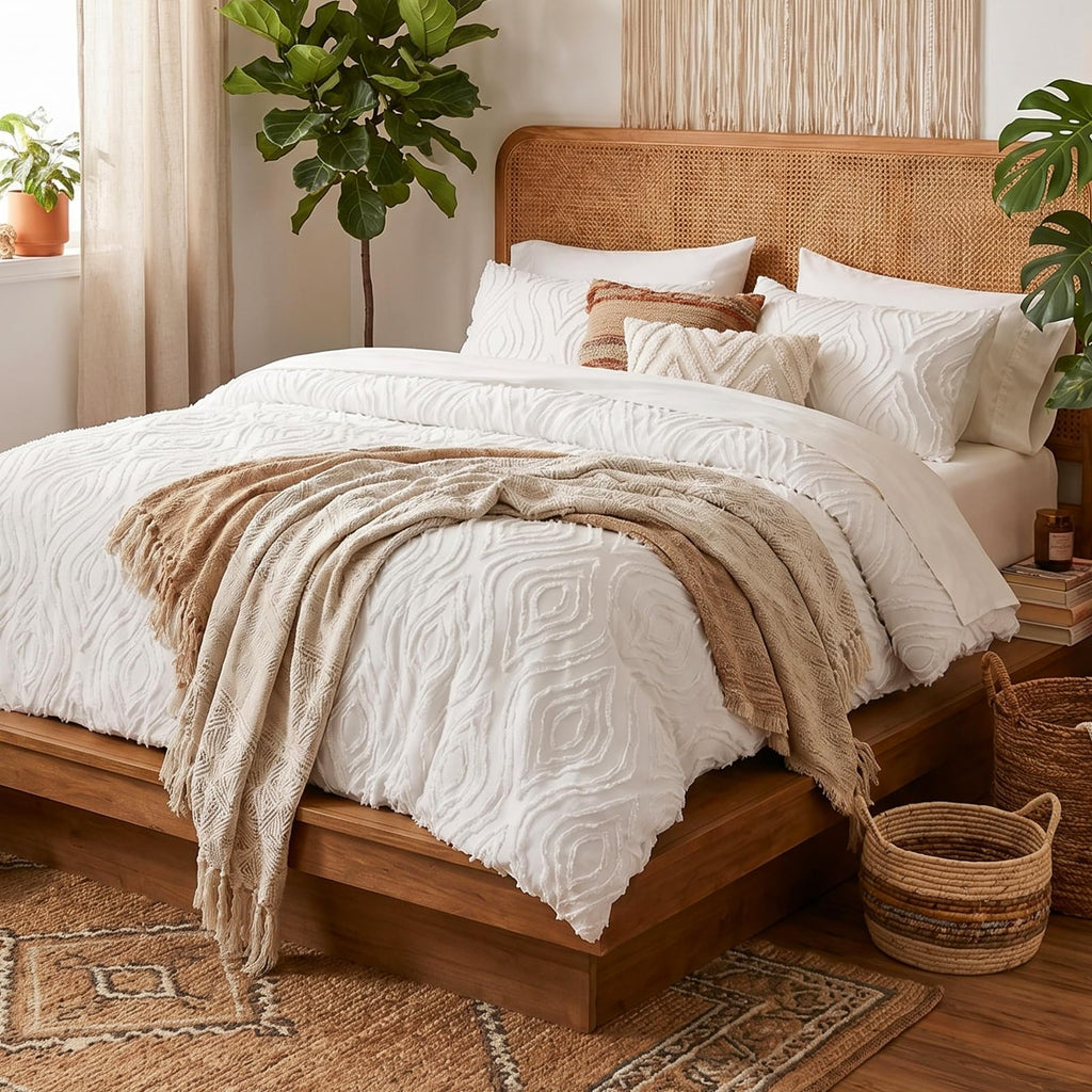 7 Pieces White Comforter Set for All Seasons Tufted Boho Bedding Set Farmhouse Bed in A Bag as Gifts (1