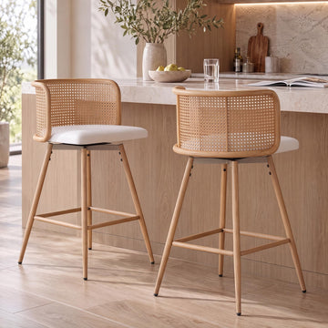 26" Rattan Bar Stools Set of 2, Swivel Counter Height Barstools, White