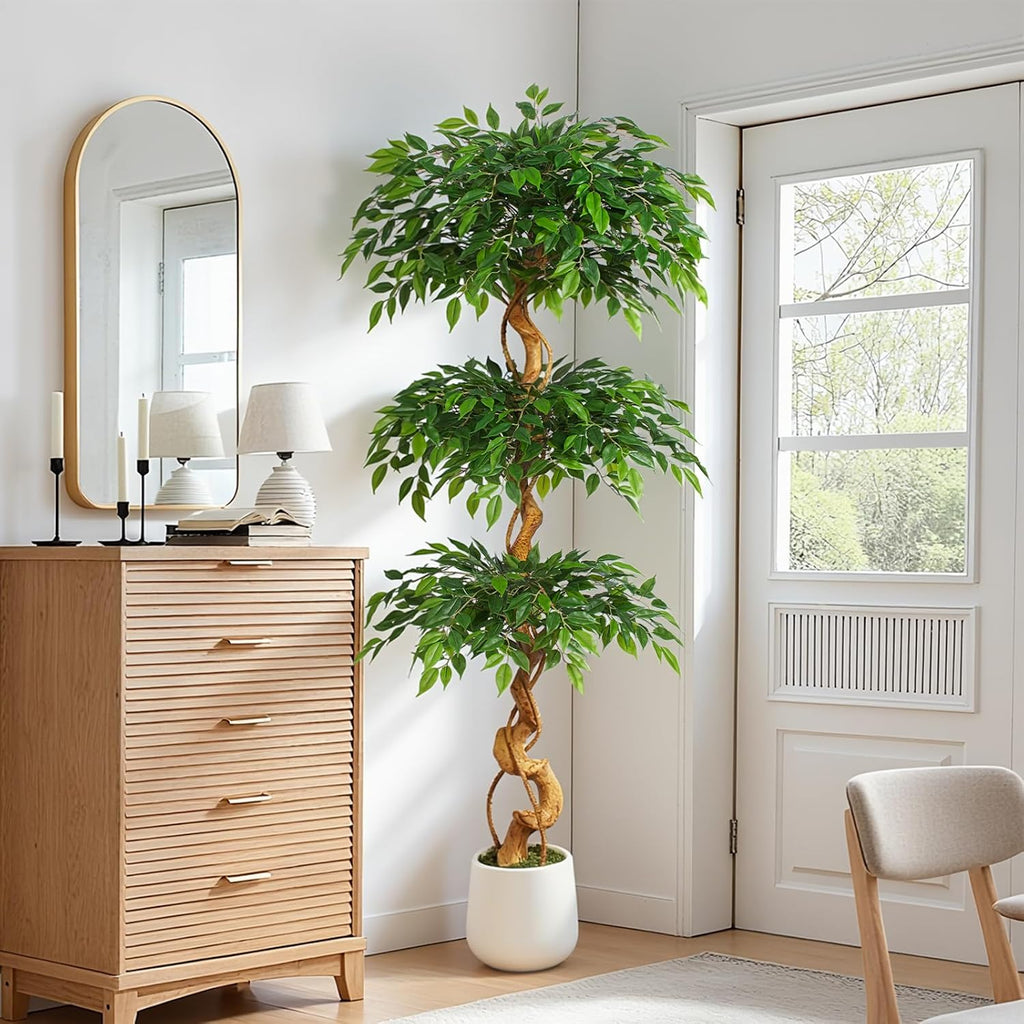 6ft Large Ficus Artificial Trees in White Pot, 72" Tall Fake Silk Tree with Natural Curved Trunk, Lush Faux Ficus