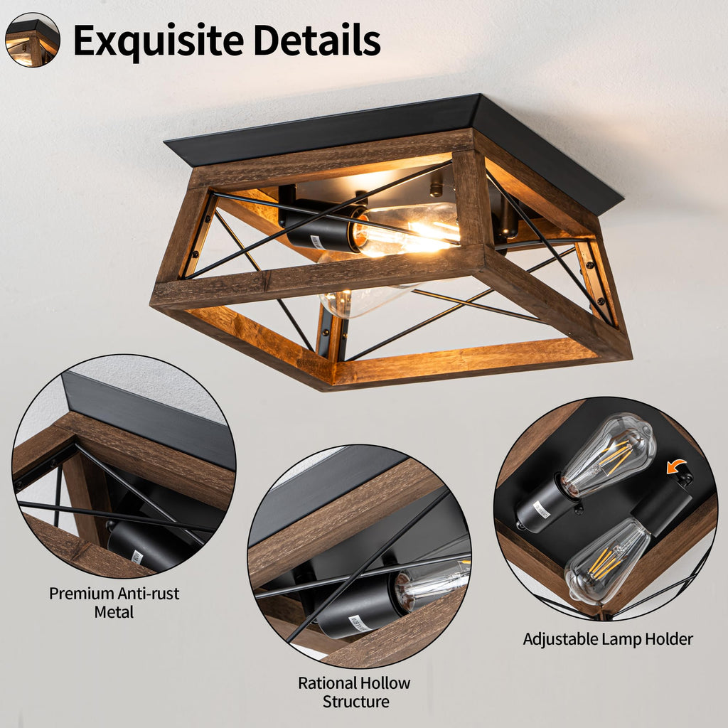 Farmhouse Ceiling Light, 2-Light Flush Mount Light Fixture with Metal and Wood Design, Rustic Light Fixture