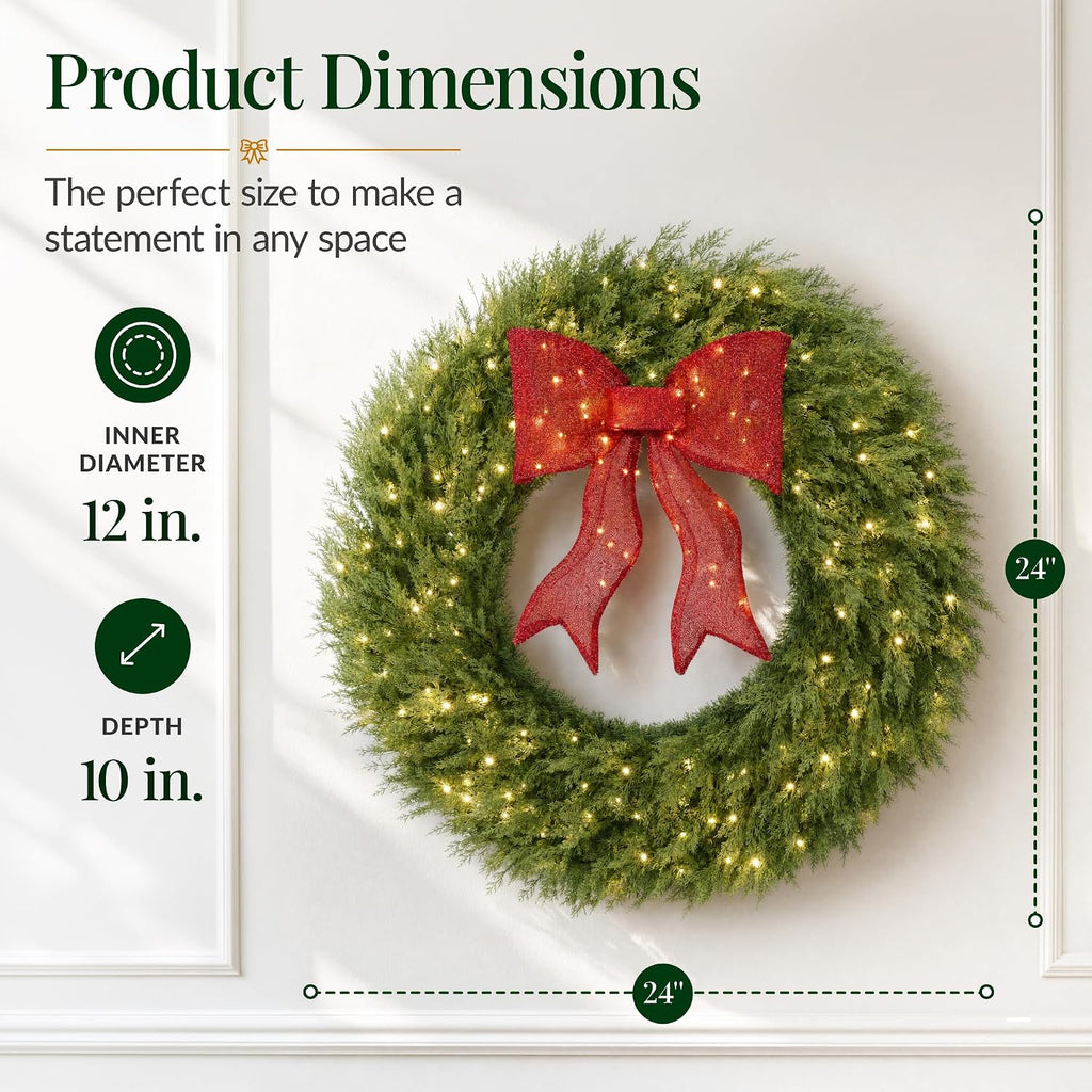 24in Artificial Christmas Wreath w/Twinkling LEDs, Large Pre-Lit Cedar Cypress w/Lighted Bow Decoration, XL Holiday