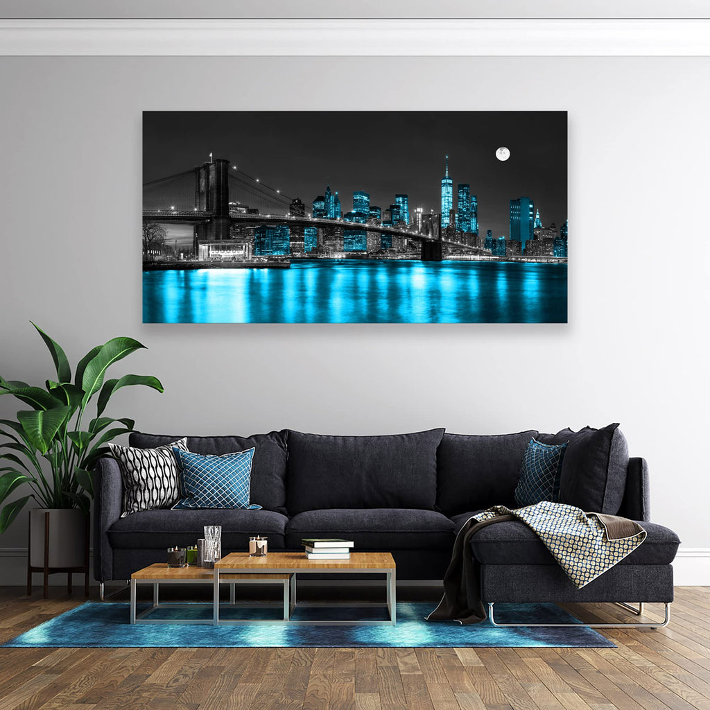 Wall Canvas Painting Black White and Blue New York Brooklyn Bridge 1 Piece Cityscape Night Building Picture Poster