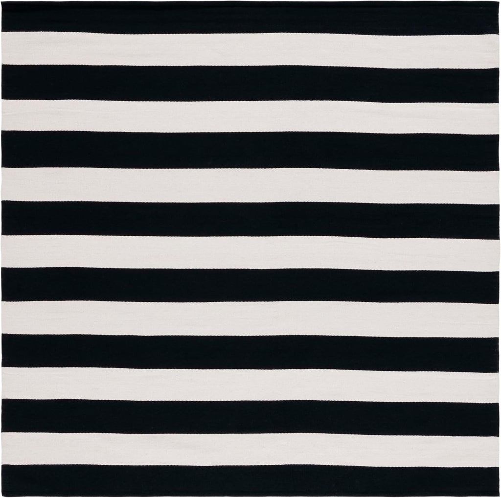 Montauk Collection Area Rug - 8' Square, Black & Ivory, Handmade Flatweave Cotton, Woven Texture, Farmhouse Stripe