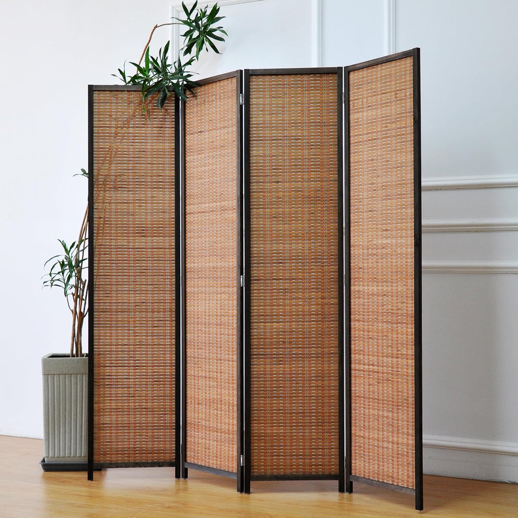 4 Panel Bamboo Room Divider - 5.6 ft Tall Folding Privacy Screen for Room Separation, Natural Brown Freestanding