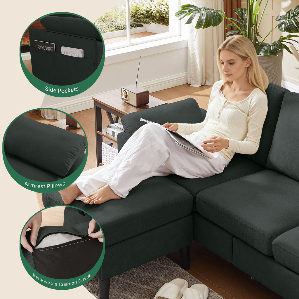 80" L Shaped Couch with Storage Ottoman, Convertible Sectional Couch Set, Modern Linen 3-Seat Sofa with Chaise & Side