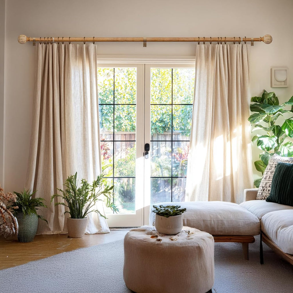 Wood Curtain Rods for Windows 48 to 84 Inch,1'' Diameter Drapery Rods with Imitation Wood Grain Leaf Pattern Finials