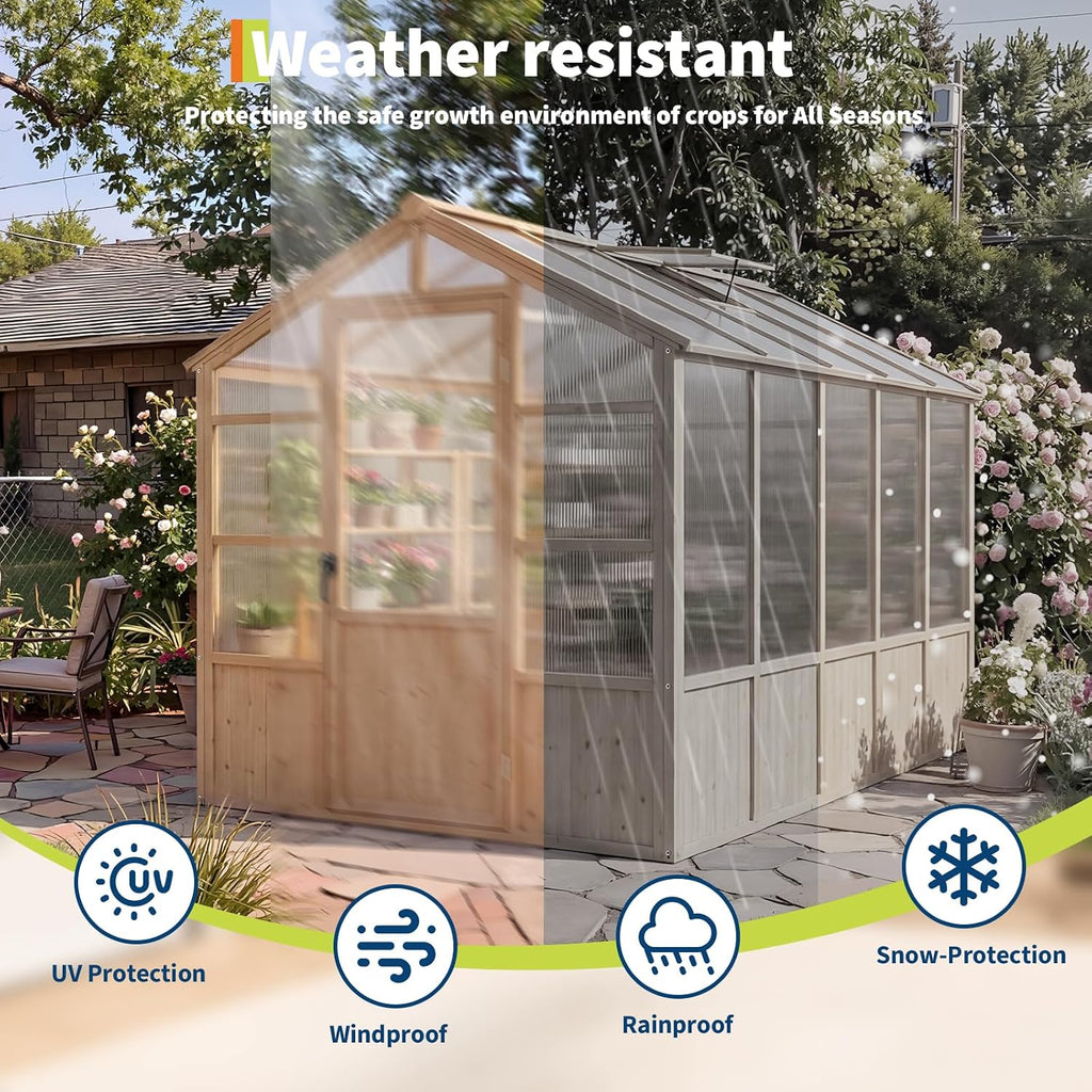 Large Wood Frame Greenhouse for Outdoor - Wooden Walk-in Greenhouse Kit with Polycarbonate Panels, Ventilated Window