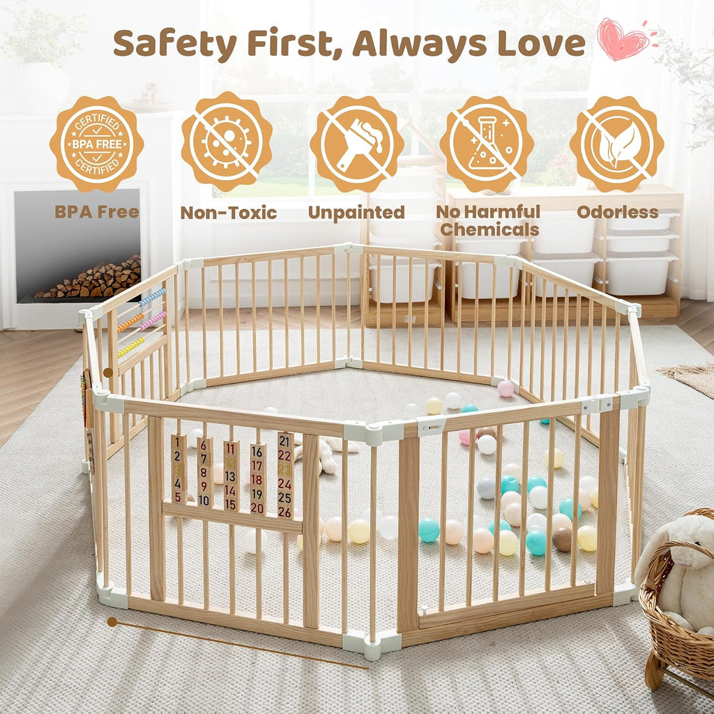 Wooden Playpen with 3 Learning Toys, Foldable 59x59, Babies & Toddlers | Learning toys: xylophone, abacus & blocks.