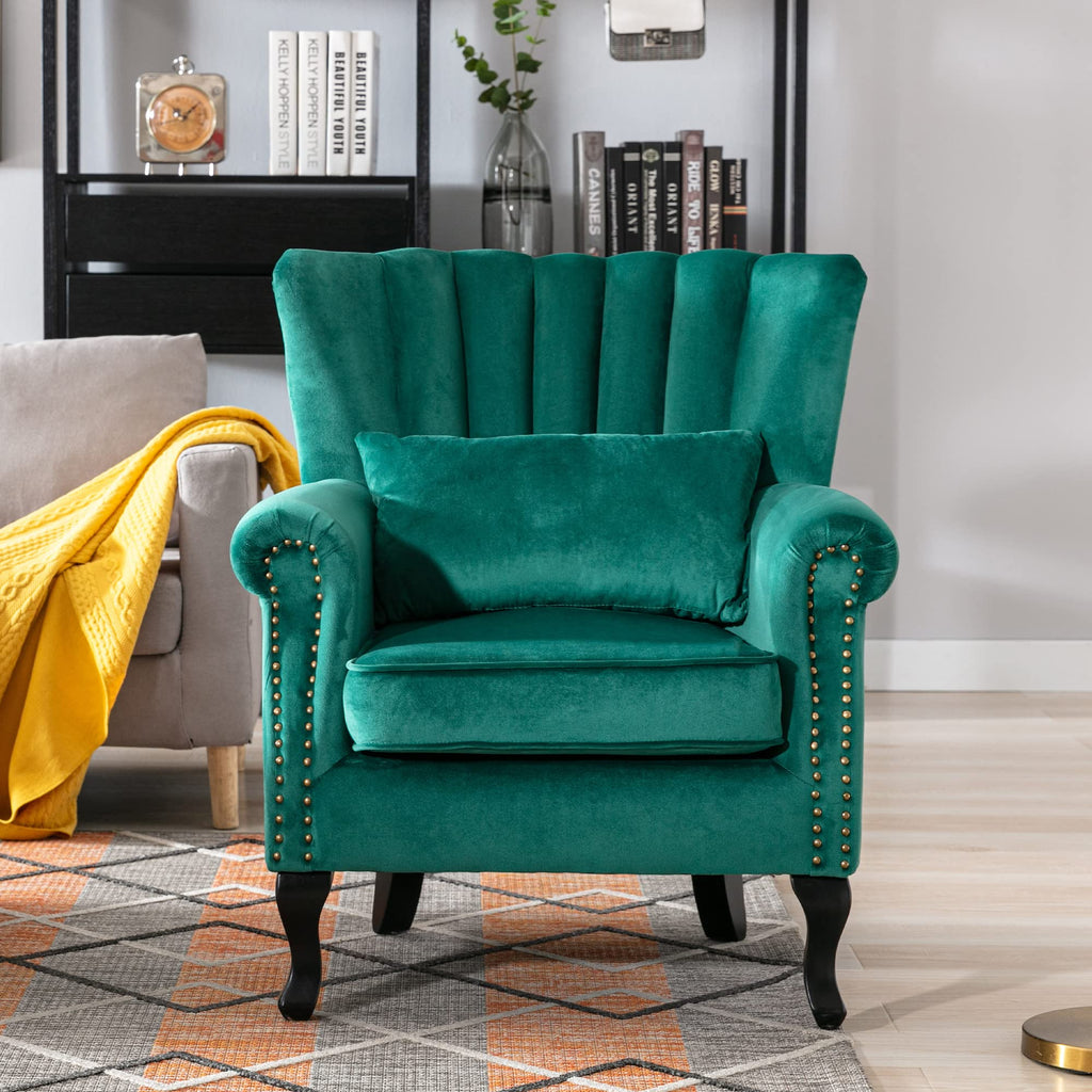 Mid Century Accent Chair Modern Tufted Wingback Armchairs Club Chair Velvet Fabric Single Sofa Lounge Chair with