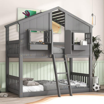 Twin Over Twin Low House Bunk Bed with Roof, Window and Built-in Window Box, Wooden Floor Playhouse Bed Frame with