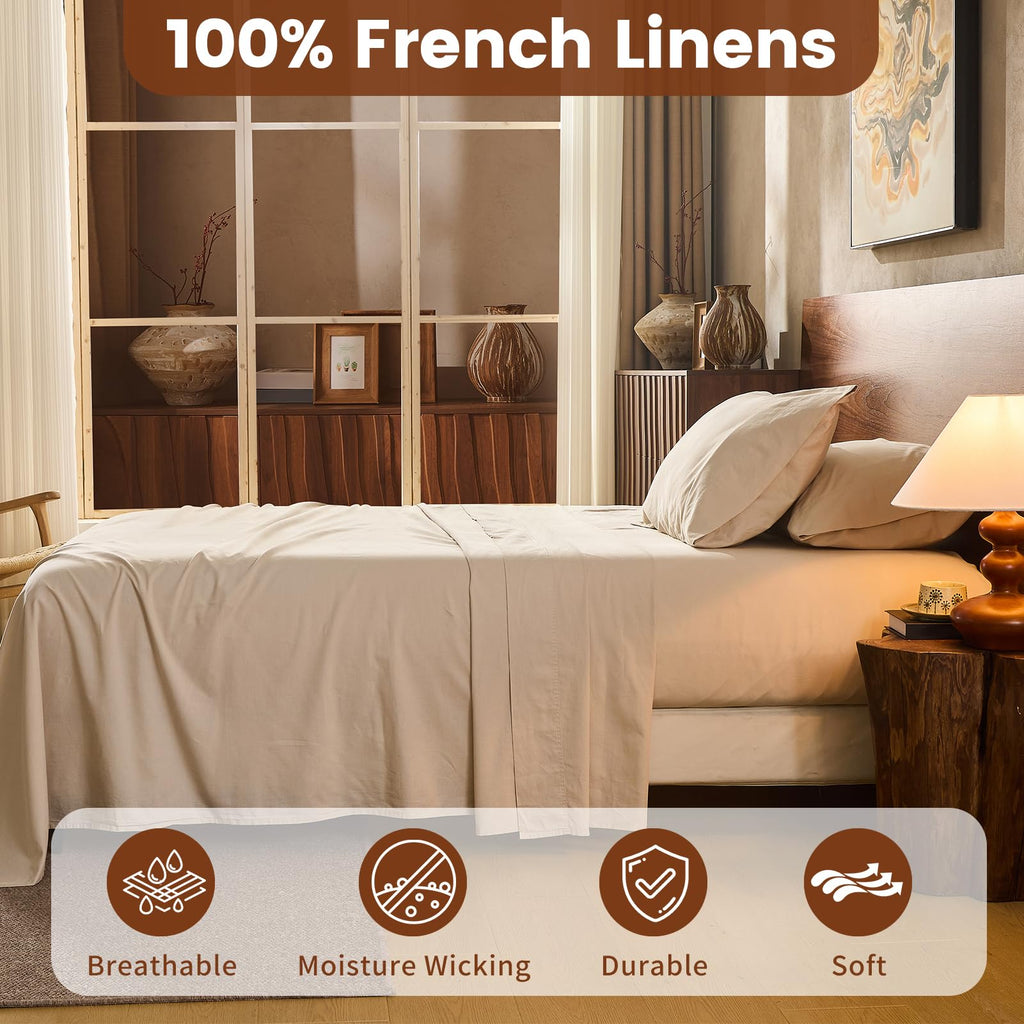 100% Linen Sheets, Breathable & Durable 4-Piece Bed Flax Sheet Set, Soft All-Season Bedding for Hot Sleepers