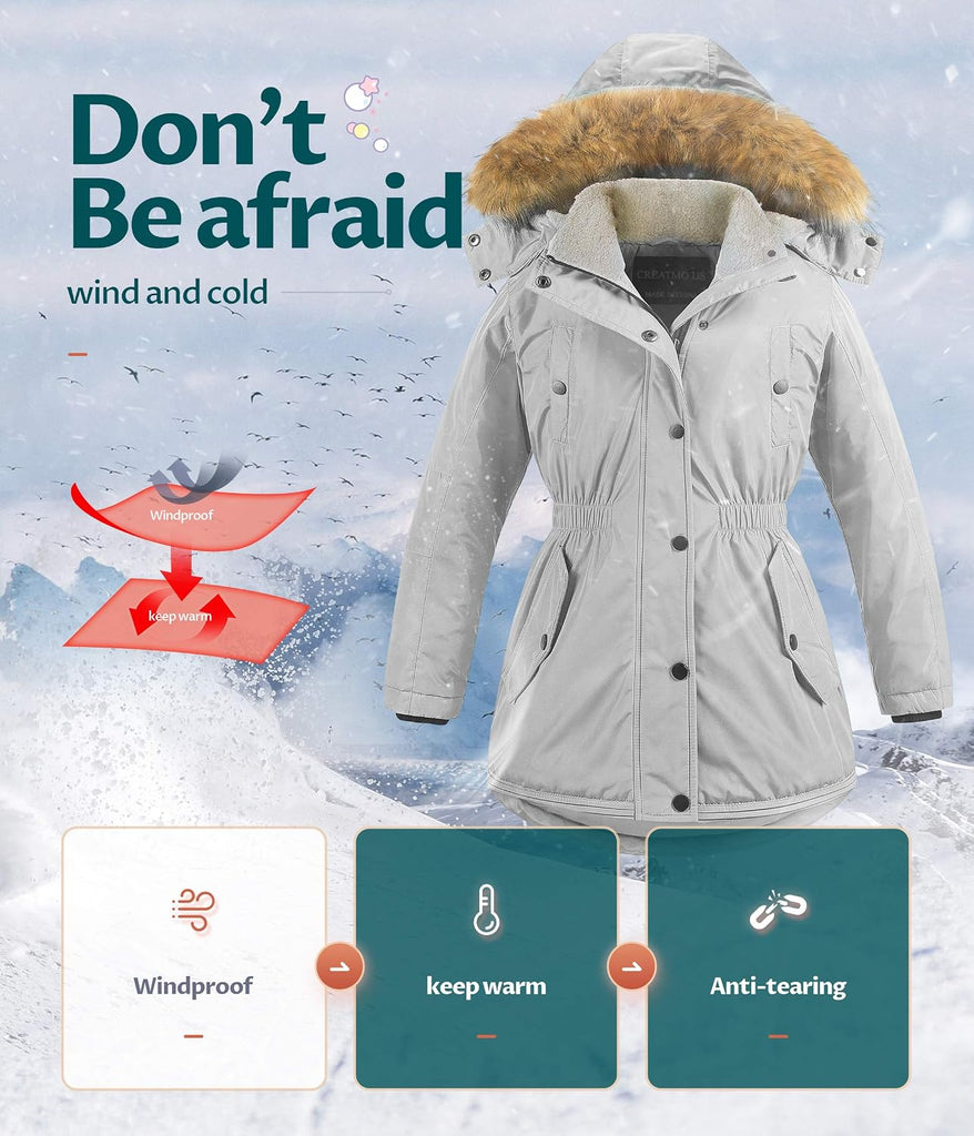 Girl's Long Winter Warm Parka Sherpa Trimmed Collar Puffer Ski Jacket Coat