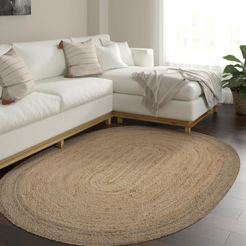 LR Home Natural Jute 7x9 Oval Area Rug Decor | Braided Rugs, Playroom | Bohemian Farmhouse Indoor Rug for Room Decor