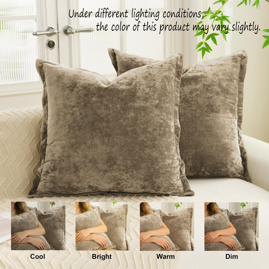 Greek Velvet Euro Sham Covers Set of 2 26x26 Luxury Soft Solid Pillow Covers Bedroom Yard, Brown