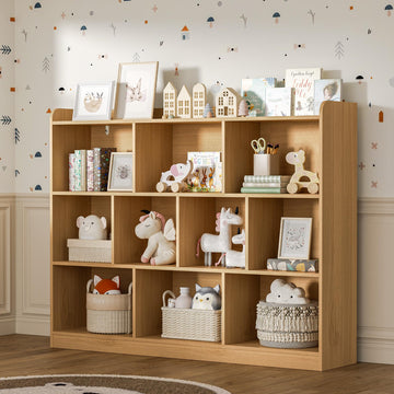 Oak Bookshelf, Wood Bookcase with 3 Tier Open Shelves, 10-Cube Minimalist Storage Shelf, 43.3" W x 35.4" H