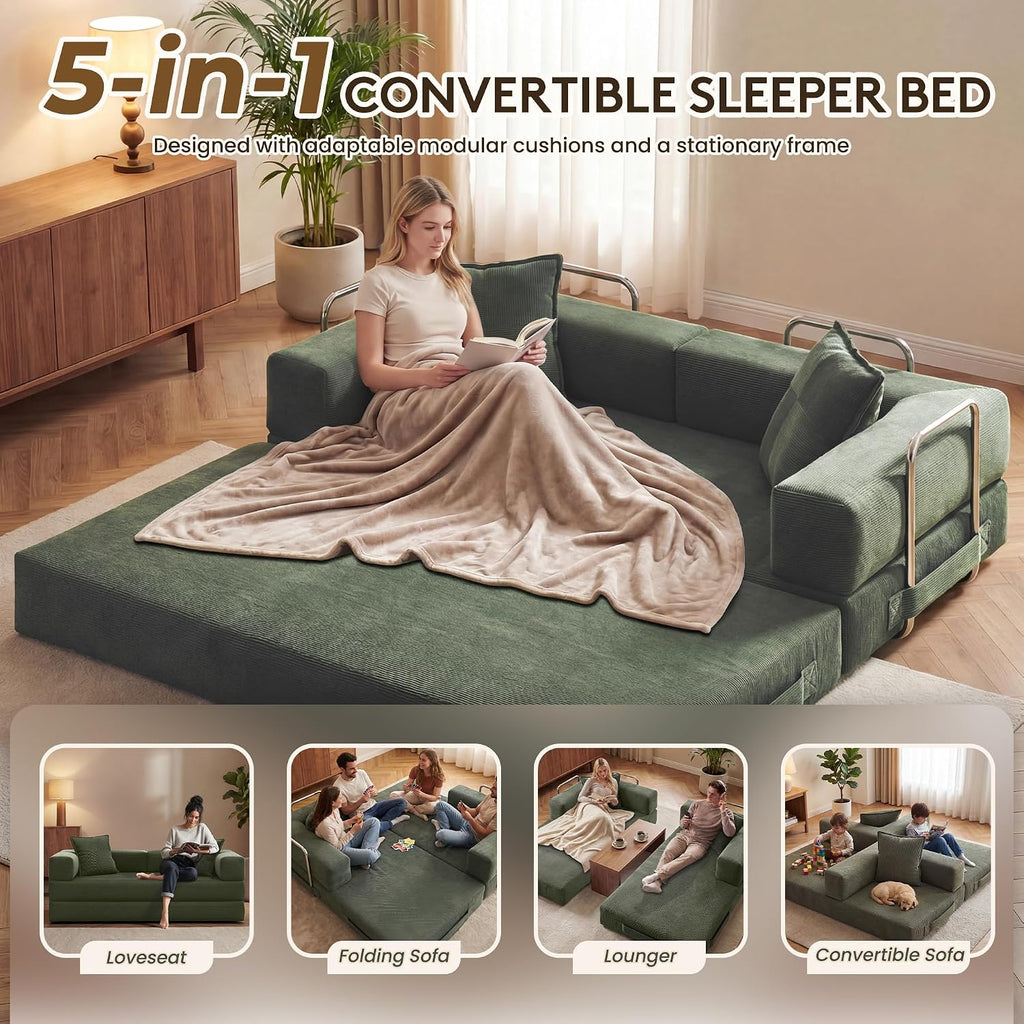 78 Inch Convertible Sofa Bed, 5-in-1 Futon Sofa Bed Pull Out Couch, Boneless Couch Bed , Corduroy Boneless Couches