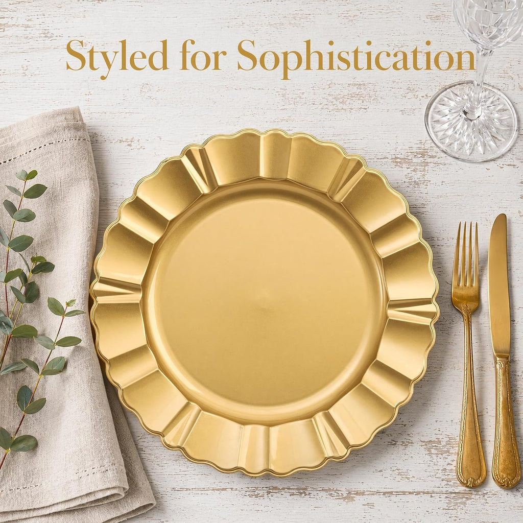 Gold Charger Plates, 13" Decorative Round Dinner Plate Chargers, Reusable Plastic Dinner Chargers with Fluted - Set of 12