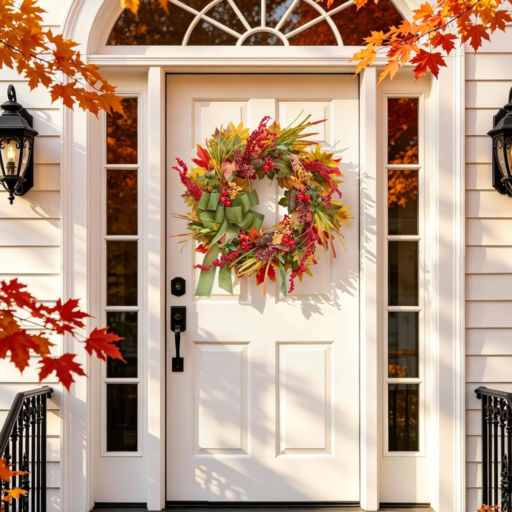 24 Inch Artificial Silk Harvest Fall Wreaths for Front Door with Green Bow