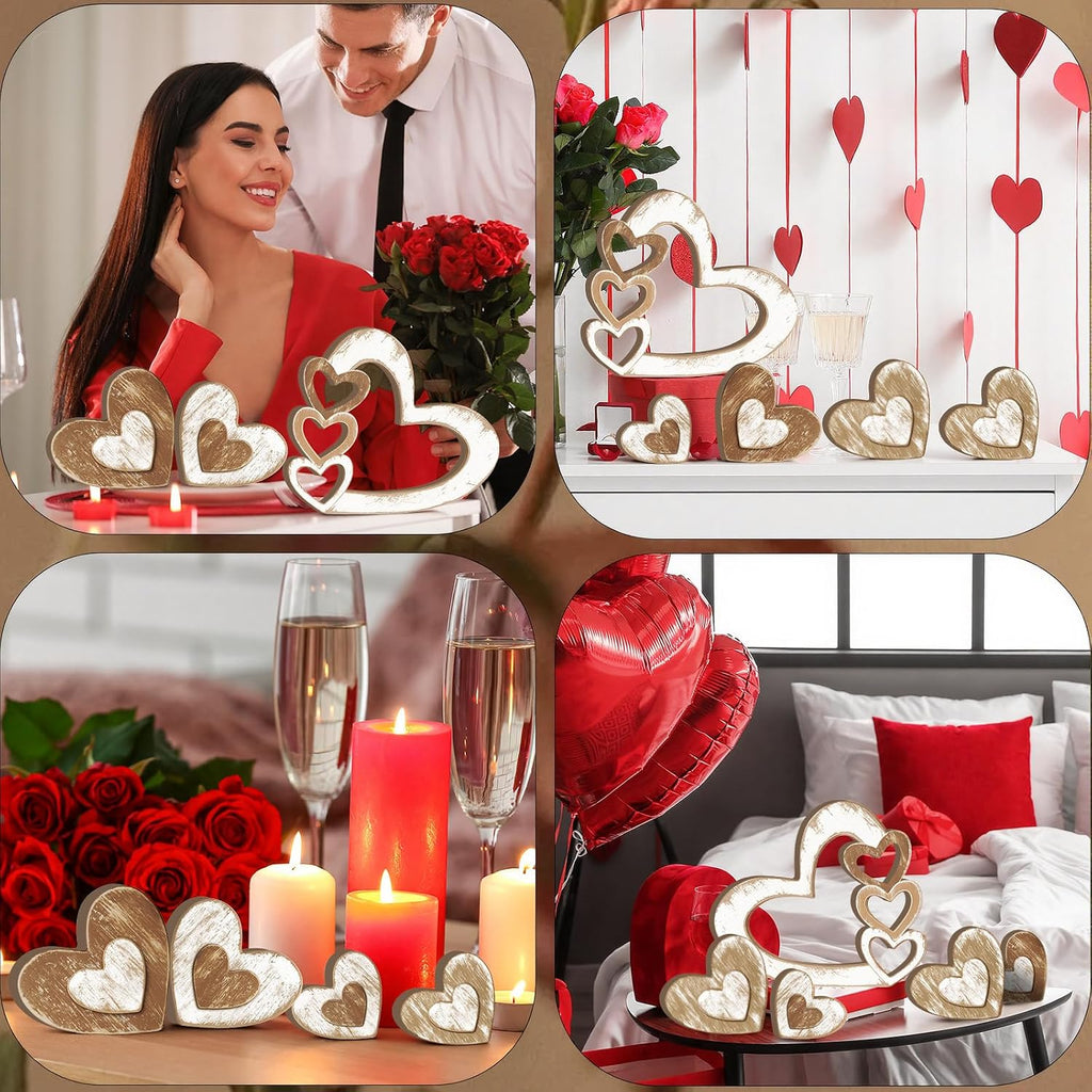 Valentines Day Decoration Wooden Heart Tiered Tray Decor Retro Valentines Day Hearts Blocks Sign Rustic - Set of 7