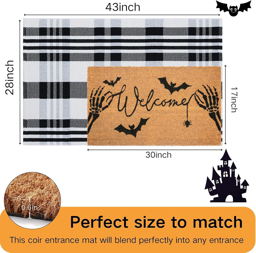 Halloween Welcome Door Mat Combo Set, Skeletal Hand Coco Coir Doormat -28" x 43" Black and White Striped Rug, Autumn