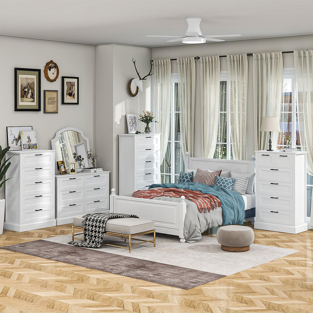 White Dresser with 5 Drawers, Vertical Storage, Wood Tall Dresser, Wooden Tall Chest of Drawers, Lingerie Chest