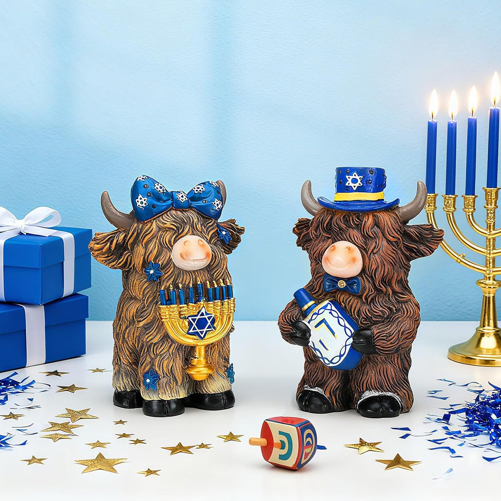 Hanukkah Highland Cow Figurines Decor, Blue Hanukkah Style - Set of 2