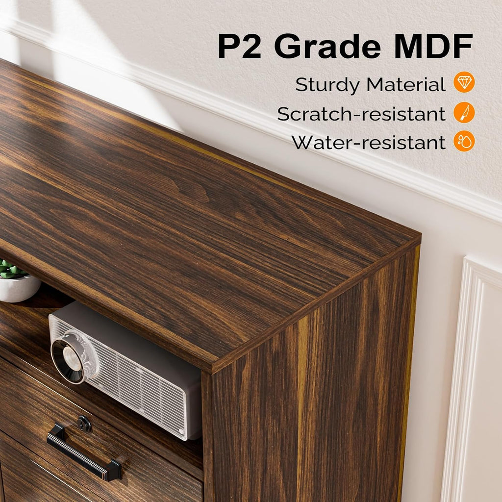 Dark Brown Wood Lateral File Cabinet with Lock, 4 Drawer & 4 Open Shelves, Rolling File Cabinet , Letter Sized