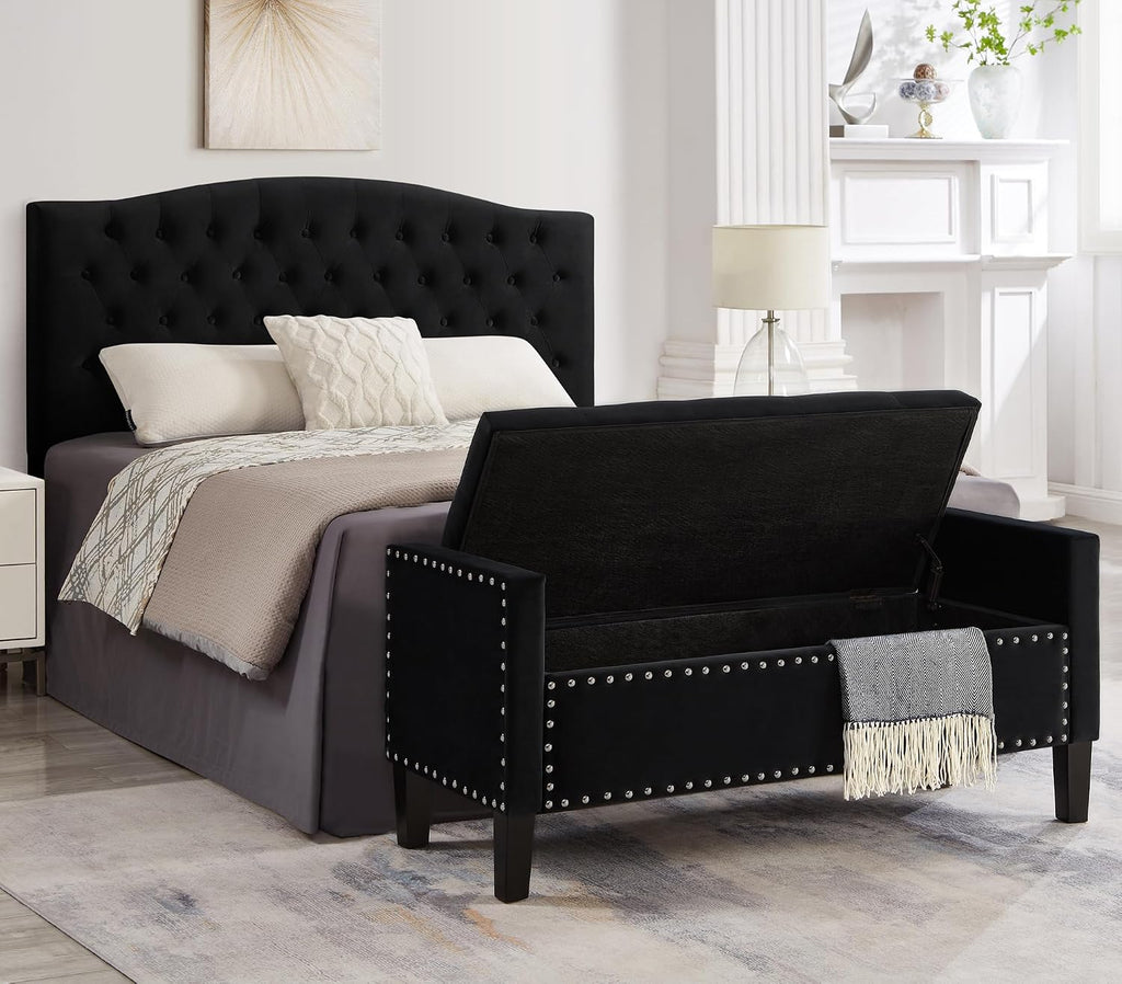 Velvet Storage Ottoman with Armrests and Nails Trim,Entryway Living Room Soft Padded Seat,Bed Bench Bedroom End of
