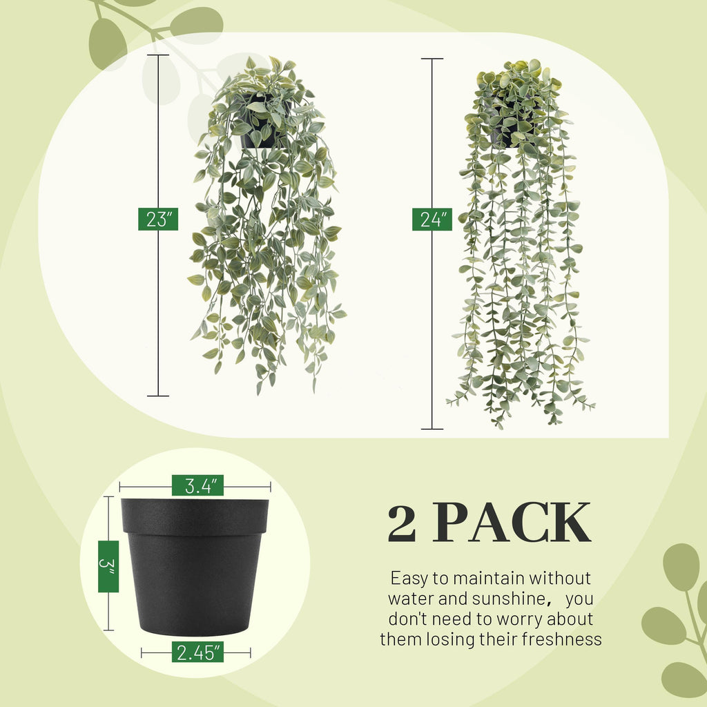 2Pcs Fake Hanging Plants with Black Pot Shelf Decor