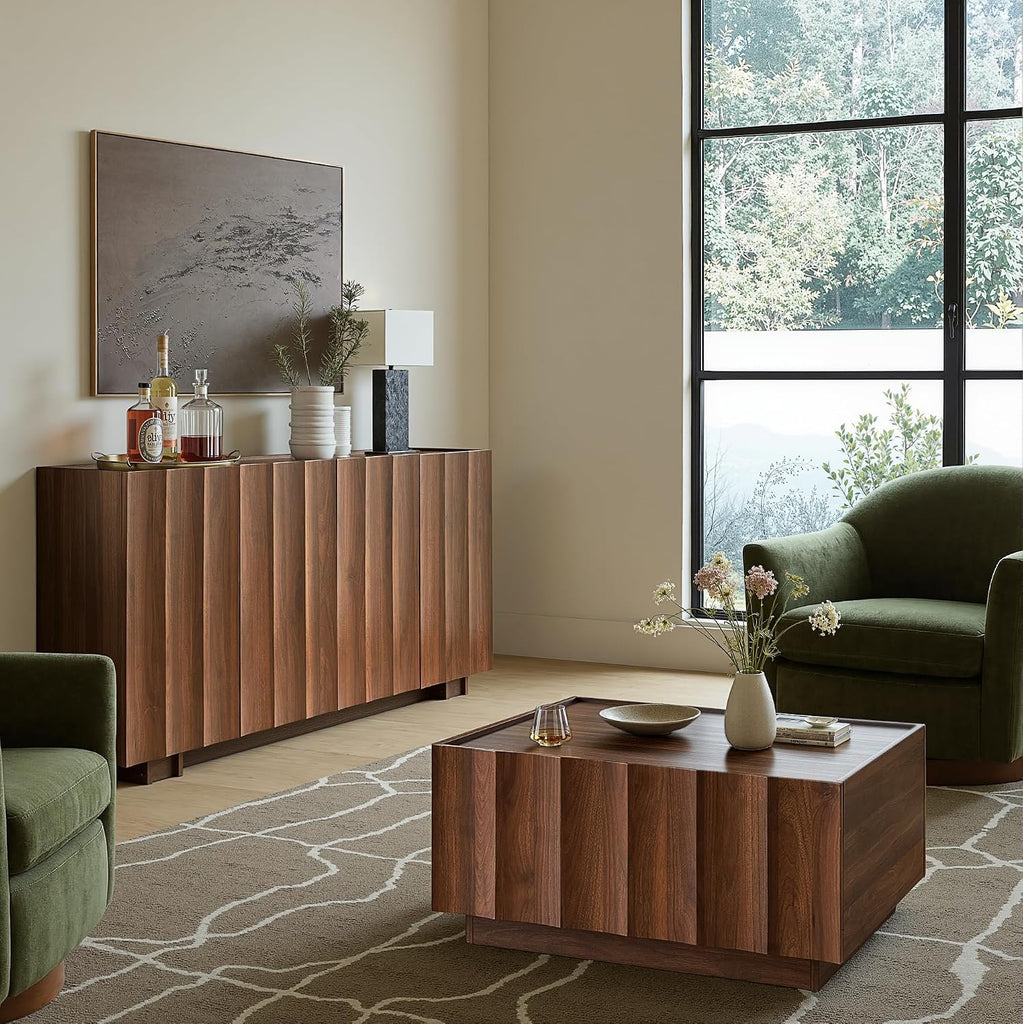 61.7" Fluted Sideboard Buffet Cabinet with Storage, Walnut | Mid Century Modern Credenza with Adjustable Shelves
