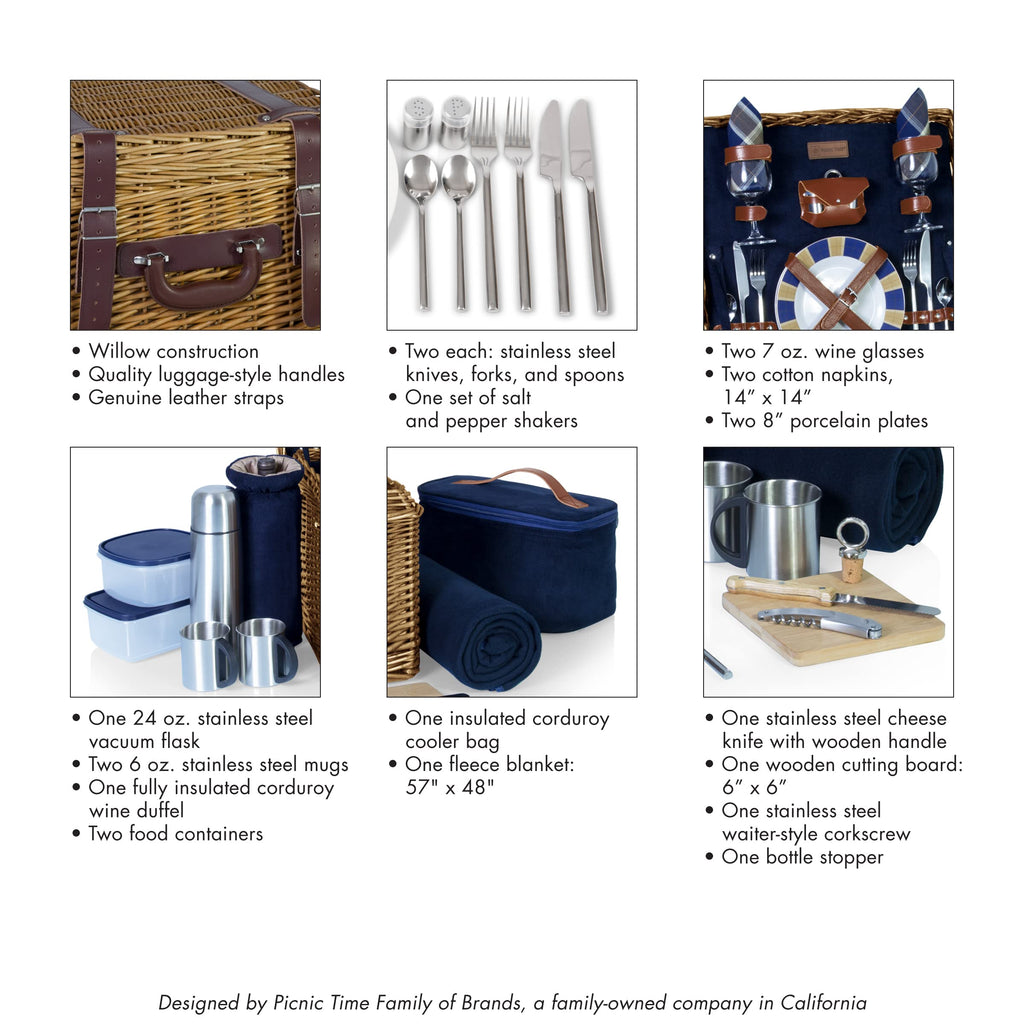 Romantic Canterbury Deluxe Wicker Picnic Basket Set for 2, with Blanket and Soft Cooler, One Size, Navy With Plaid