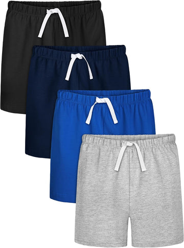 4 Pack Toddler Boys Cotton Shorts with Drawstring Casual Short Elastic Waist Boys Pull-on Soft Shorts for Summer