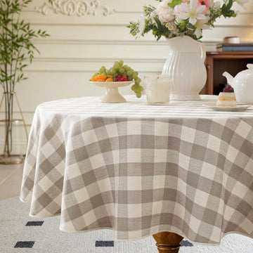 Beige Gingham Round Tablecloth 60 Inch, Checkered Circle Table Cloth Washable Wrinkle Free, Cotton Linen Buffalo