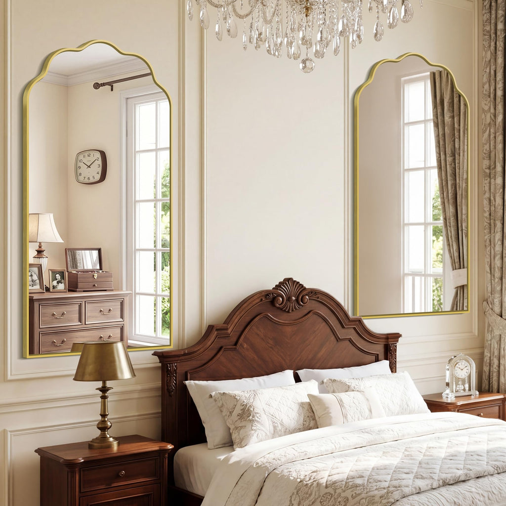 Large Gold Arched Mirror, 24×48Inch Scalloped Mirror, Wavy Wall Mounted Vanity Mirror with Aluminum Alloy Frame