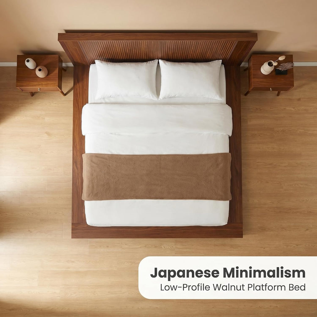 Japanese Wooden Floor Bed Frame Queen with Walnut Headboard