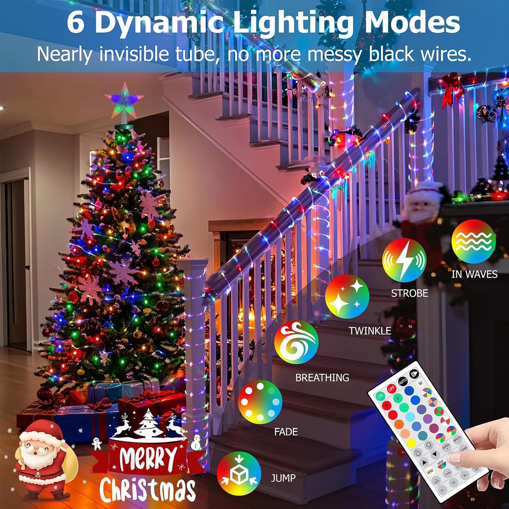 200ft Outdoor LED Rope Lights, IP68 Waterproof 25 Color Changing String Lights with 149 Modes, Warm White&RGB Twinkle